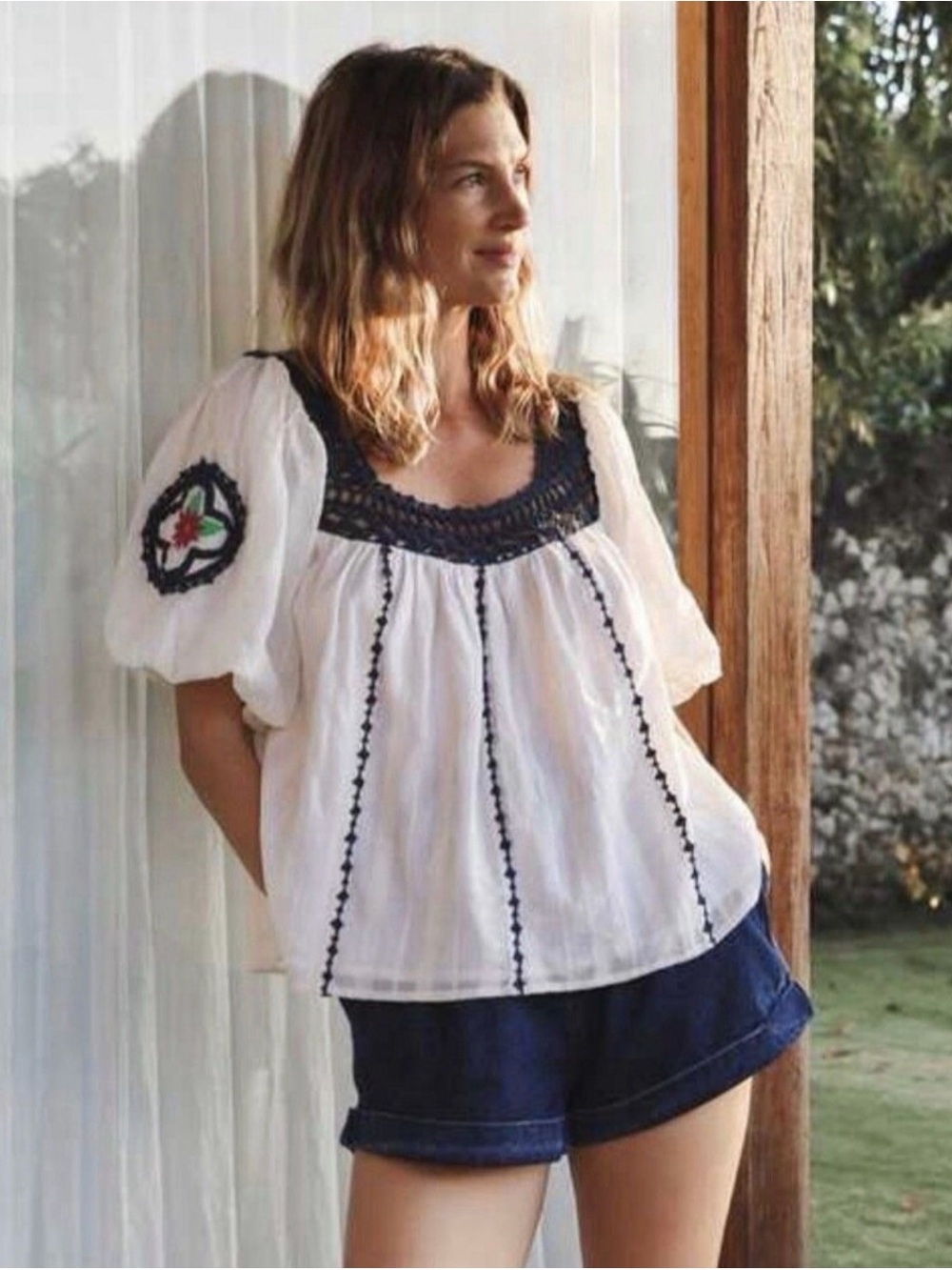 Cleobella Navi Cotton & Crochet Blouse in White/Navy, Size XL
